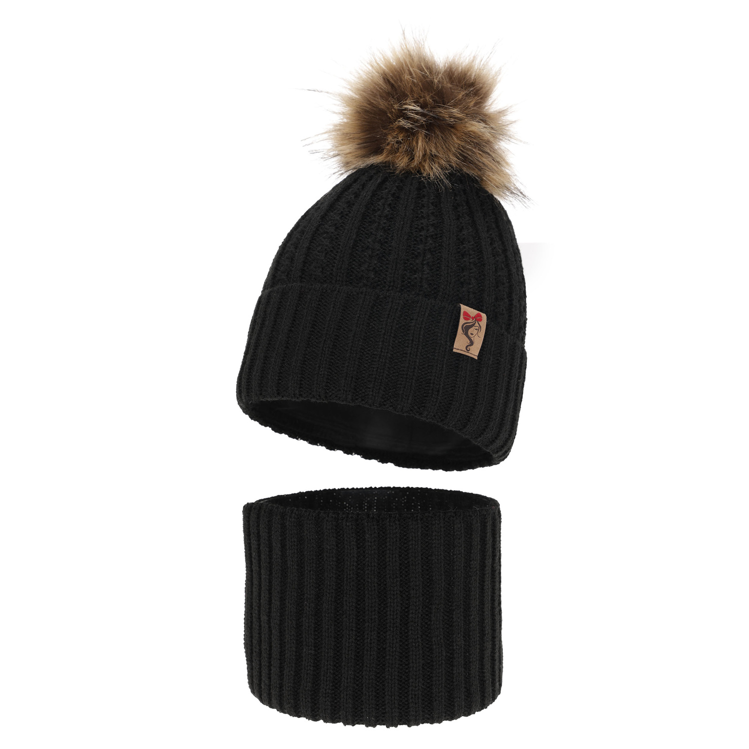 Set de iarnă pentru fete: căciulă și fular circular negru cu pompon Larina