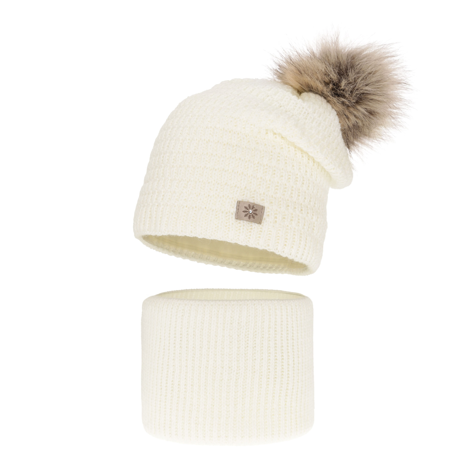 Set de iarnă pentru fete: căciulă și fular circular ecru cu pompon Germina
