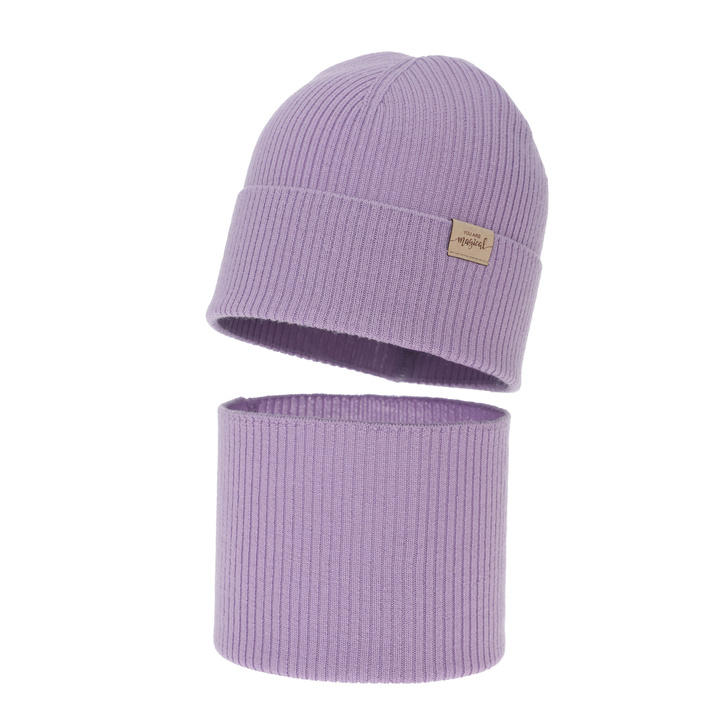 Set primăvară-toamnă pentru fete: căciulă și fular circular, violet, 100% lână merino, Magenta