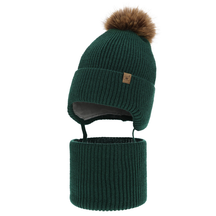 Set de iarnă pentru băieți: Căciulă și fular circular verde cu pompon Zico