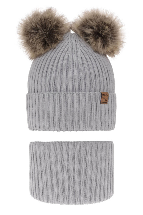 Set de iarnă pentru băieți: Căciulă și fular circular gri cu 2 pompoane Oxford