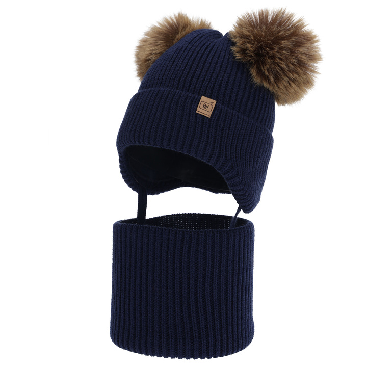 Set de iarnă pentru băieți: Căciulă și fular circular, granatowy, cu 2 pompoane, Zorven