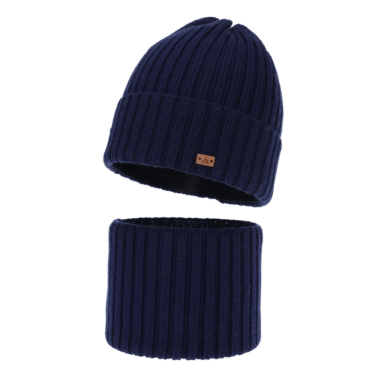 Set de iarnă pentru băieți: căciulă și fular circular, 100% lână merino, bleumarin, Umberto