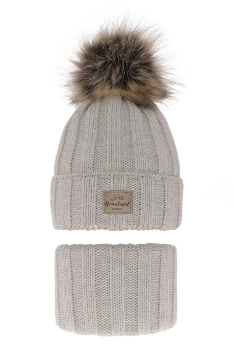 Set de iarnă pentru fete: căciulă și fular circular gri cu pompon Kaliope