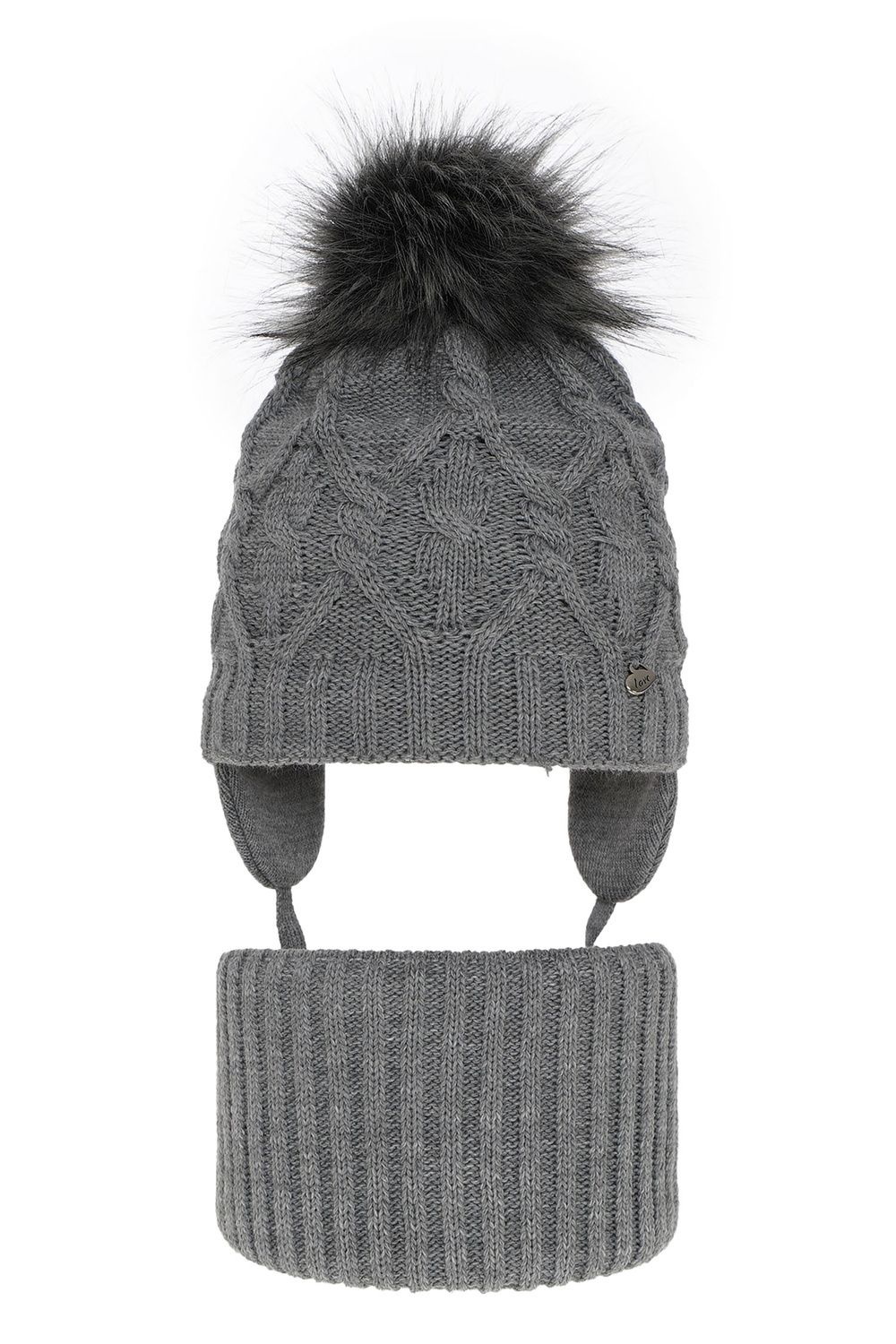 Set de iarnă pentru fete: căciulă și fular circular gri cu pompon Elena