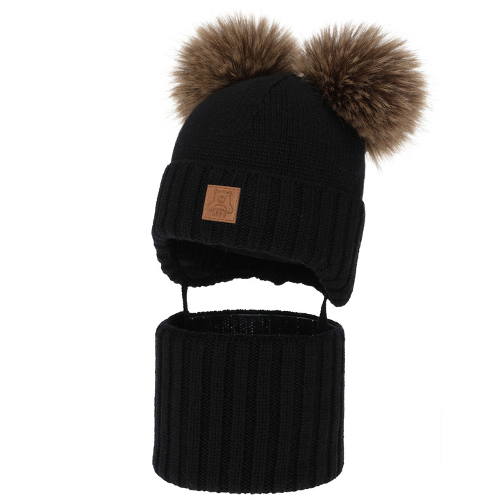 Set căciulă și fular pentru băieți, iarnă, negru, 100% lână merino, căptușit cu fleece de lână, Ronik
