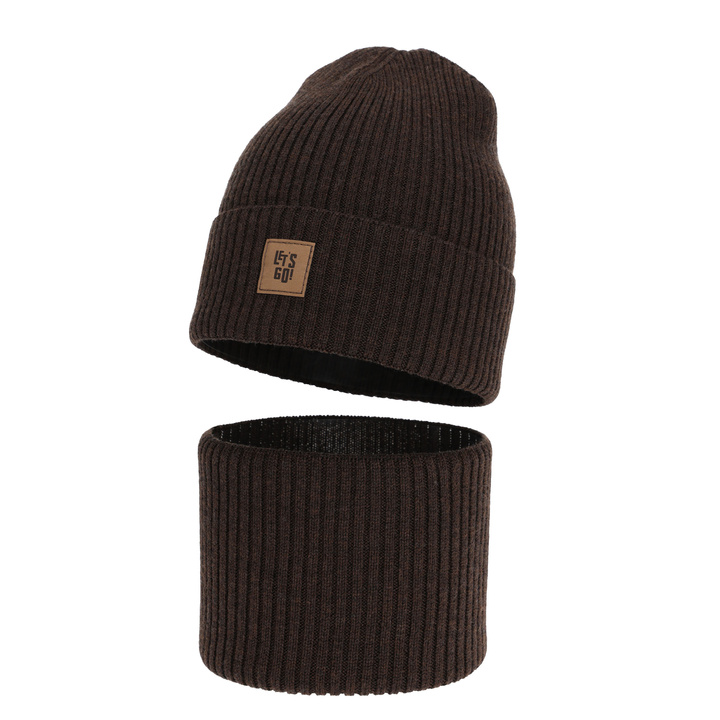 Set primăvară-toamnă pentru băieți: Căciulă și fular circular maro 100% lână merino Vanto