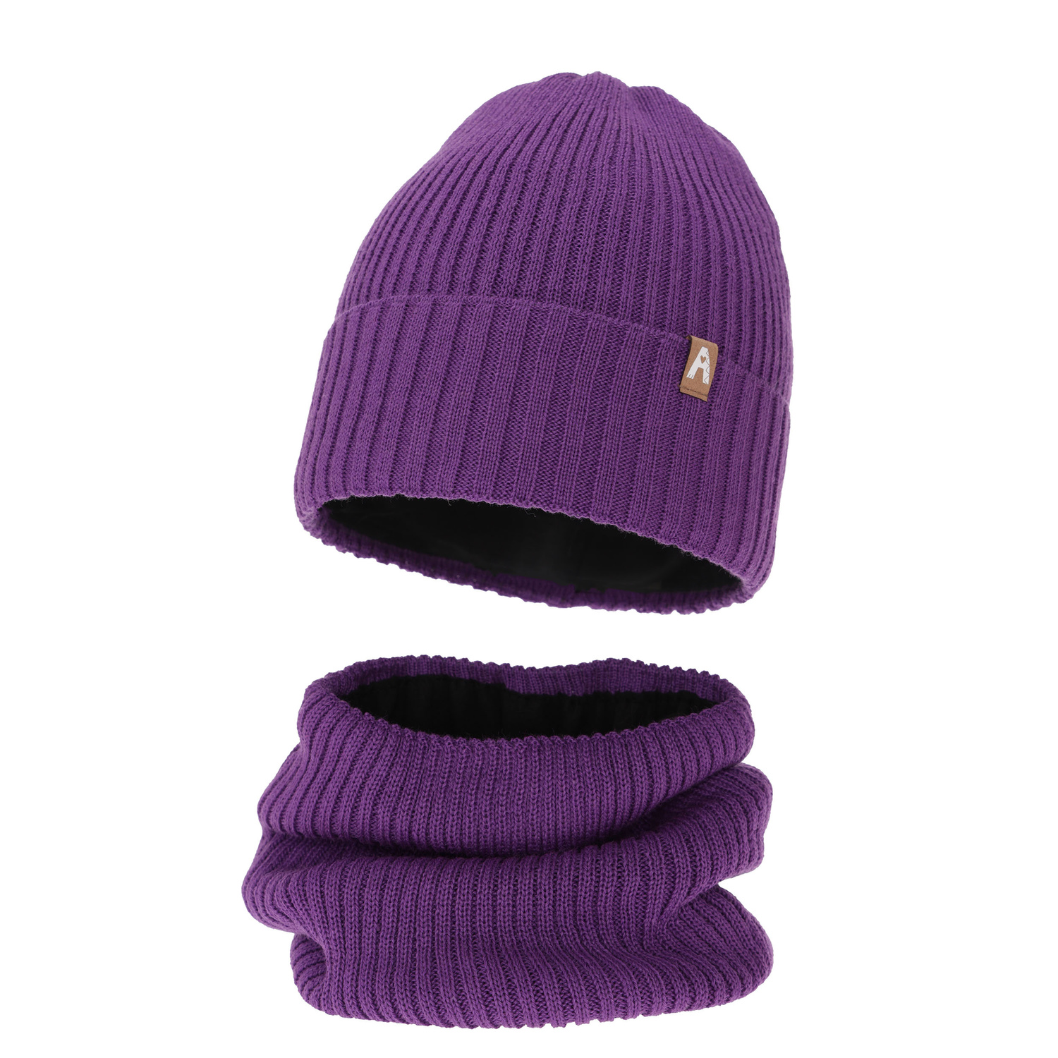 Set de iarnă pentru fete: căciulă și fular circular violet din lână merino Peggy