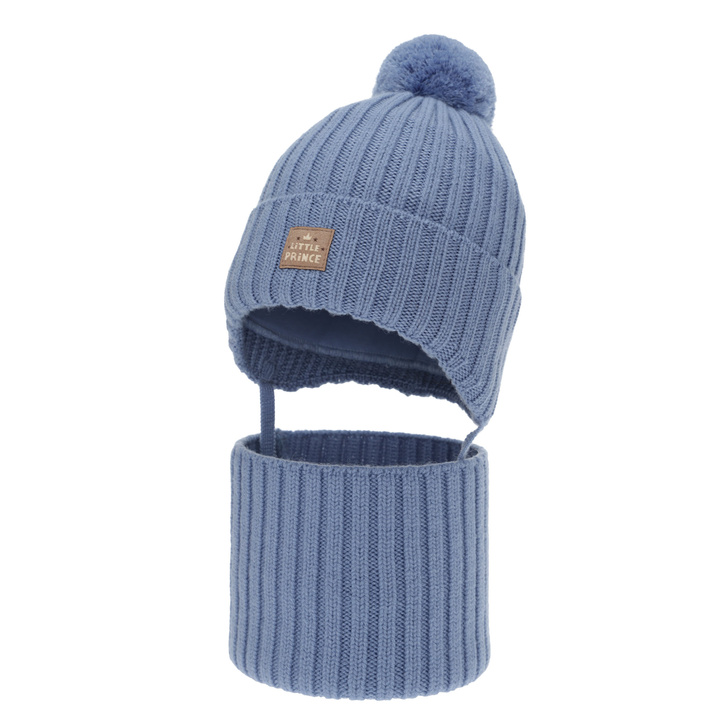 Set de iarnă pentru băieți: Căciulă și fular circular, niebieski, 100% lână merino, căptușit cu bumbac, cu urechi, Masil