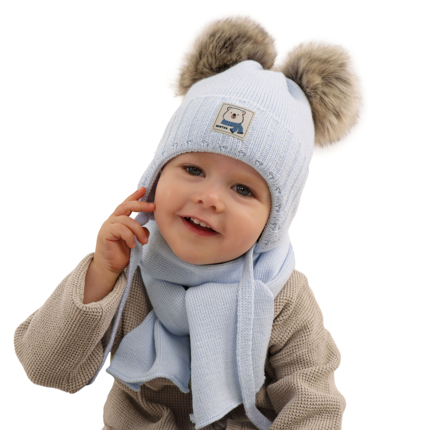 Set de iarnă pentru băieți: Căciulă și fular albastru cu 2 pompoane Jewel