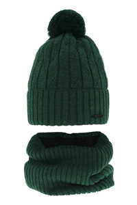 Set de iarnă pentru băieți: Căciulă și fular circular verde cu pompon din lână merino Talar