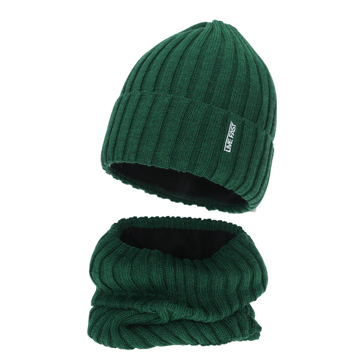 Set de iarnă pentru băieți: căciulă și fular circular, verde, cu lână merino, căptușit cu polar, Banasko
