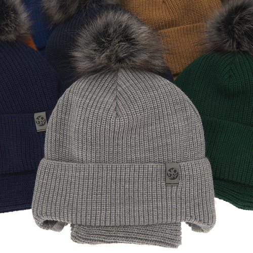 Set de iarnă pentru băieți: Căciulă și fular circular gri cu pompon Honed