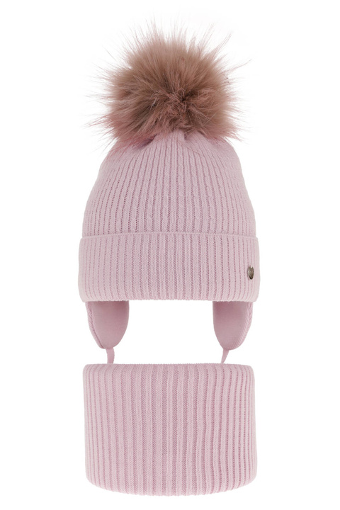 Set de iarnă pentru fete: căciulă și fular circular violet cu pompon Debra