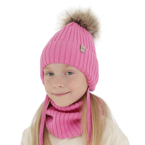 Set de iarnă pentru fete: căciulă și fular circular roz, 100% lână merino extra fină Junika