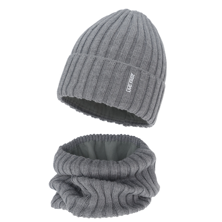 Set de iarnă pentru băieți: Căciulă și fular circular, beige, cu lână merino, căptușit cu polar, Banasko