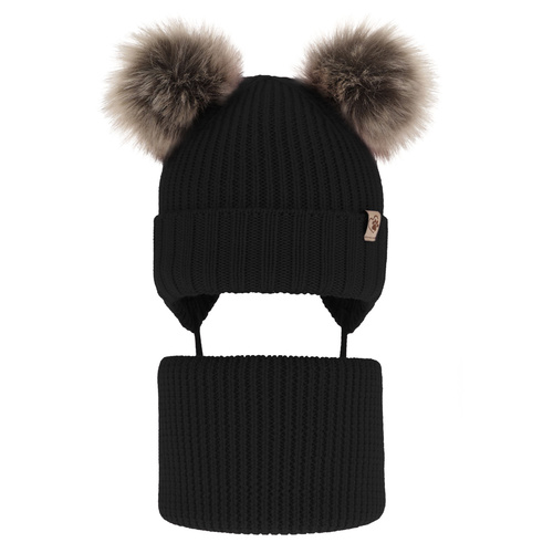 Set de iarnă pentru fete: căciulă și fular circular, negru, cu urechi, 100% lână merino, cu 2 pompoane, Silvia