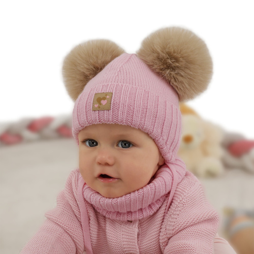 Set căciulă și fular pentru fete, iarnă, bej, 100% lână merino, căptușit cu fleece de lână, Ronia