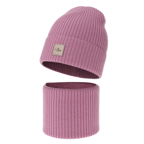 Set de primăvară-toamnă pentru fete: căciulă și fular circular, roz, 100%, lână merino, Vanita