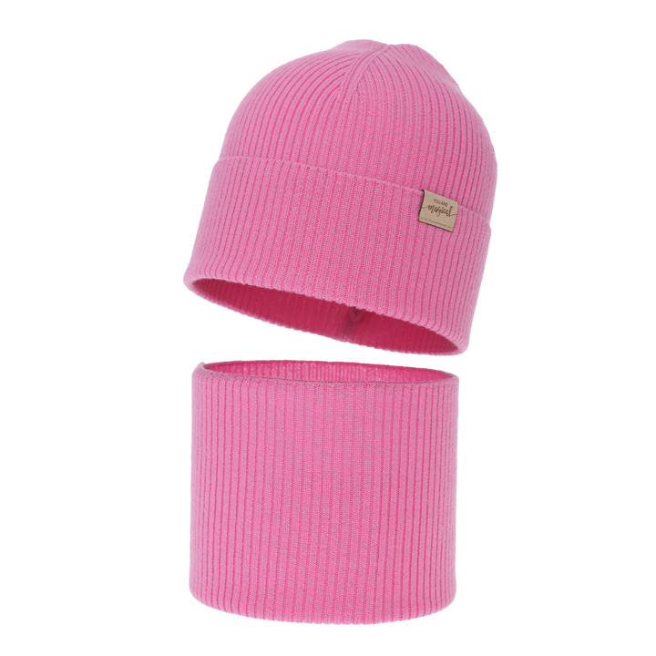 Set primăvară-toamnă pentru fete: căciulă și fular circular, roz, 100% lână merino, Magenta
