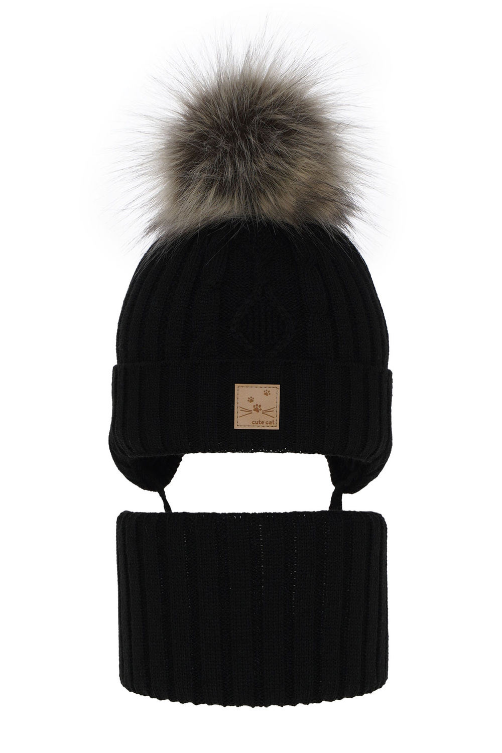 Set de iarnă pentru fete: căciulă și fular circular negru cu pompon Aida