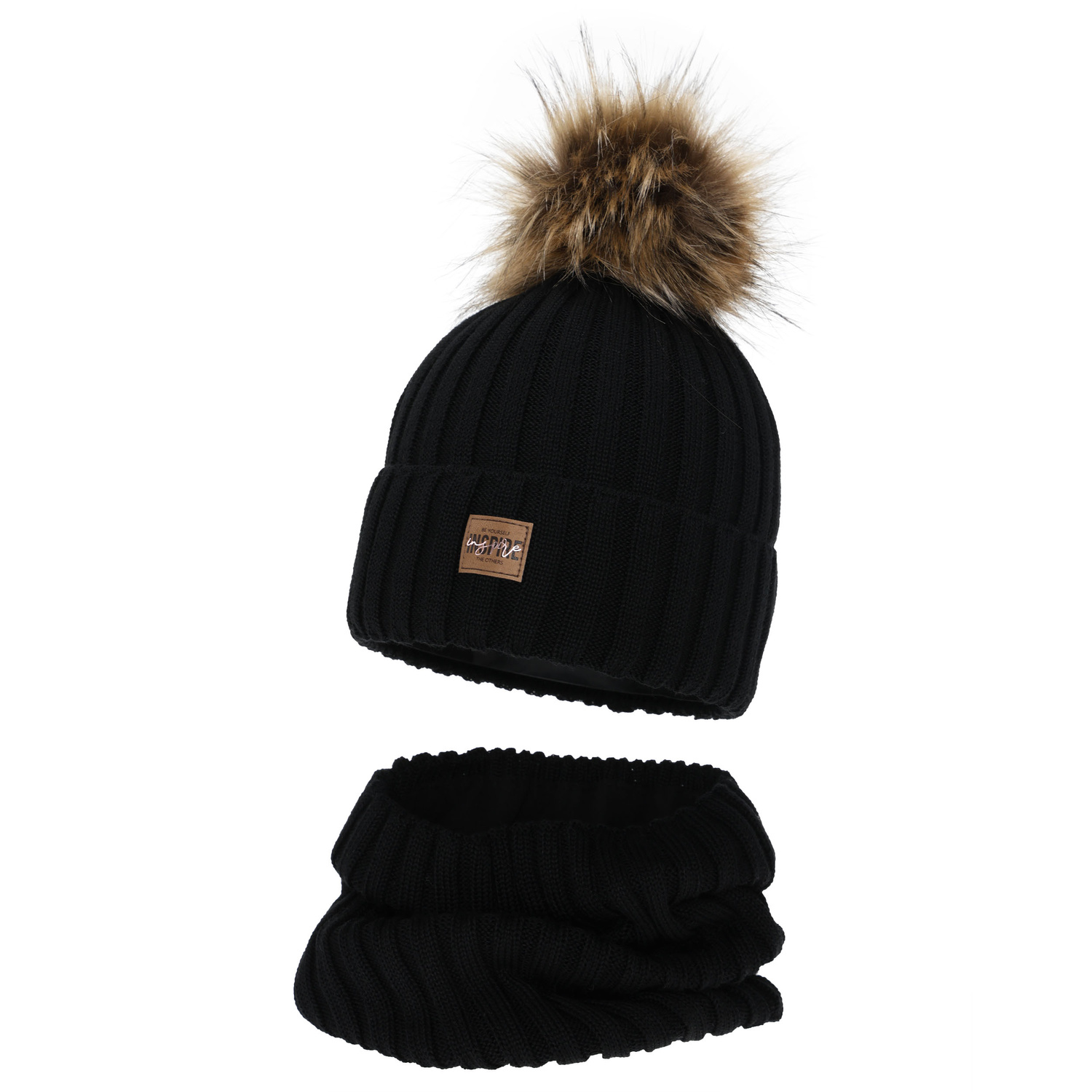 Set de iarnă pentru fete: căciulă și fular circular, negru, căptușit cu fleece, cu lână merino, Bellina