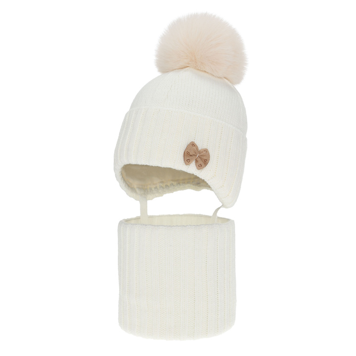 Set de iarnă pentru fete: căciulă și fular circular ecru cu pompon Talena
