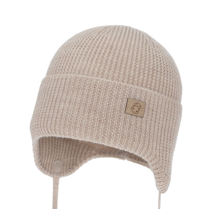 Căciulă iarnă / toamnă pentru băieți, 100% lână merino, cu urechi, jasnobeżowa, Bakadi