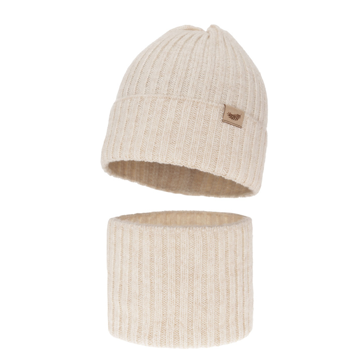 Set de iarnă pentru fete căciulă și fular circular bej din lână merino Karmina