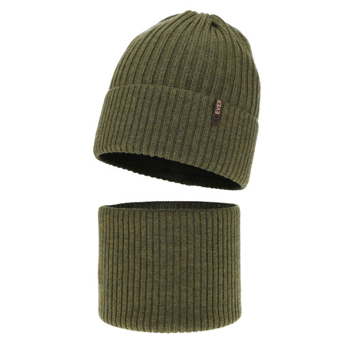 Set de iarnă pentru băieți: Căciulă și fular circular, kaki, 100% lână merino, Gizmo