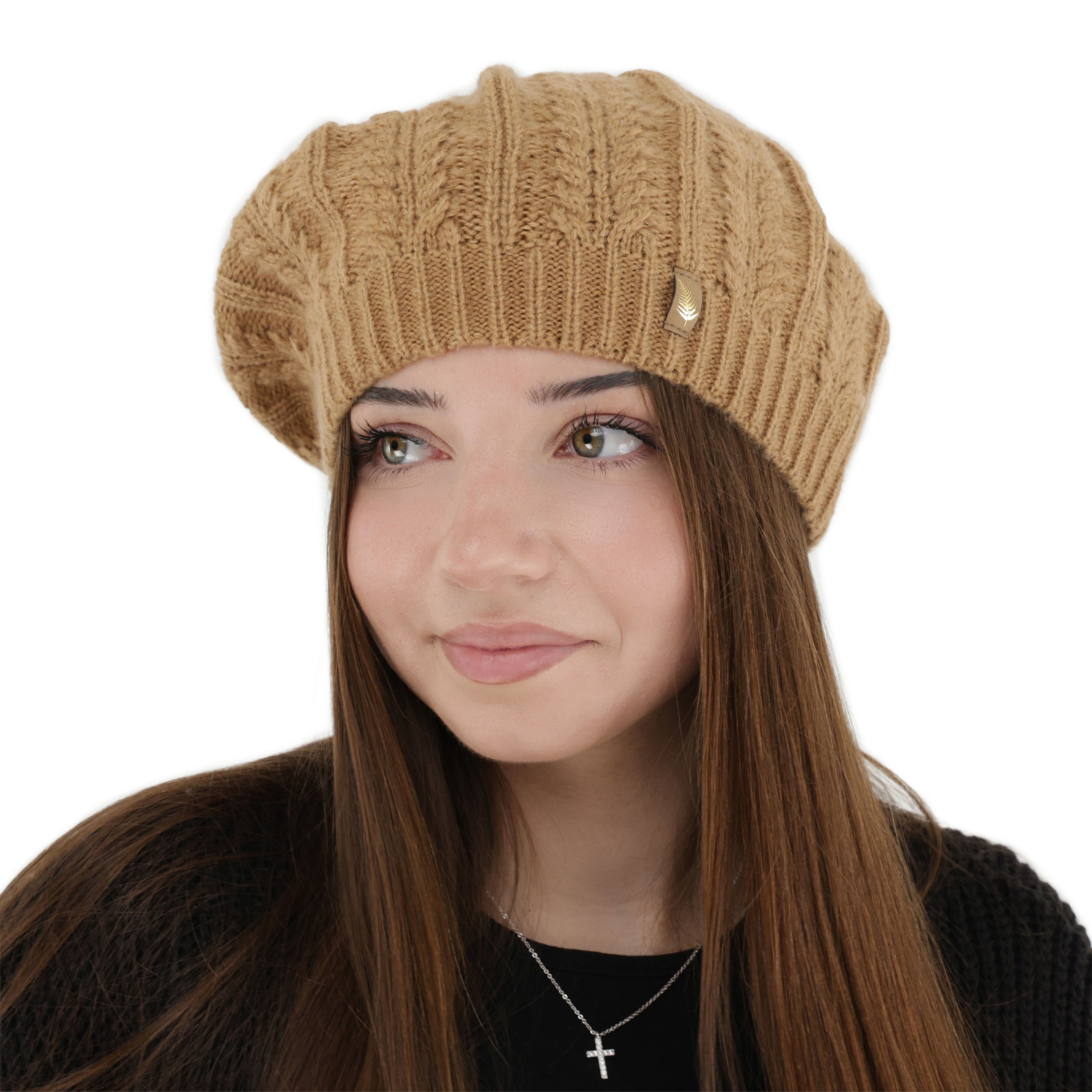 Beret de iarnă pentru femei, camel, cu lână merino, Senja