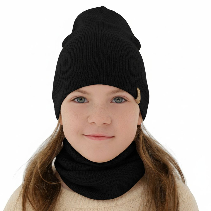 Set de primăvară-toamnă pentru fete: căciulă și fular circular negru 100% lână merino extra fină Ricona