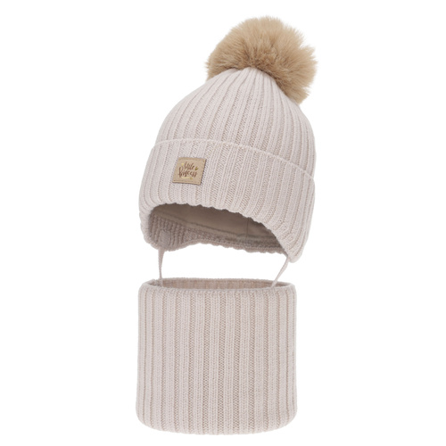 Set de iarnă pentru fete: căciulă și fular circular, bej, 100% lână merino, cu urechi, căptușit cu bumbac, Malesia