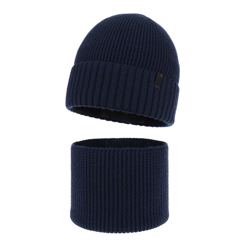 Căciulă și fular circular pentru băieți, set de iarnă, 100% lână merino, căptușit cu lână merino, bleumarin Harbin