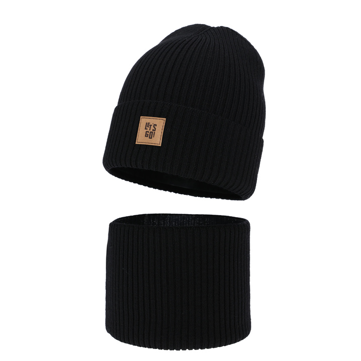 Set primăvară-toamnă pentru băieți: Căciulă și fular circular negru 100% lână merino Vanto