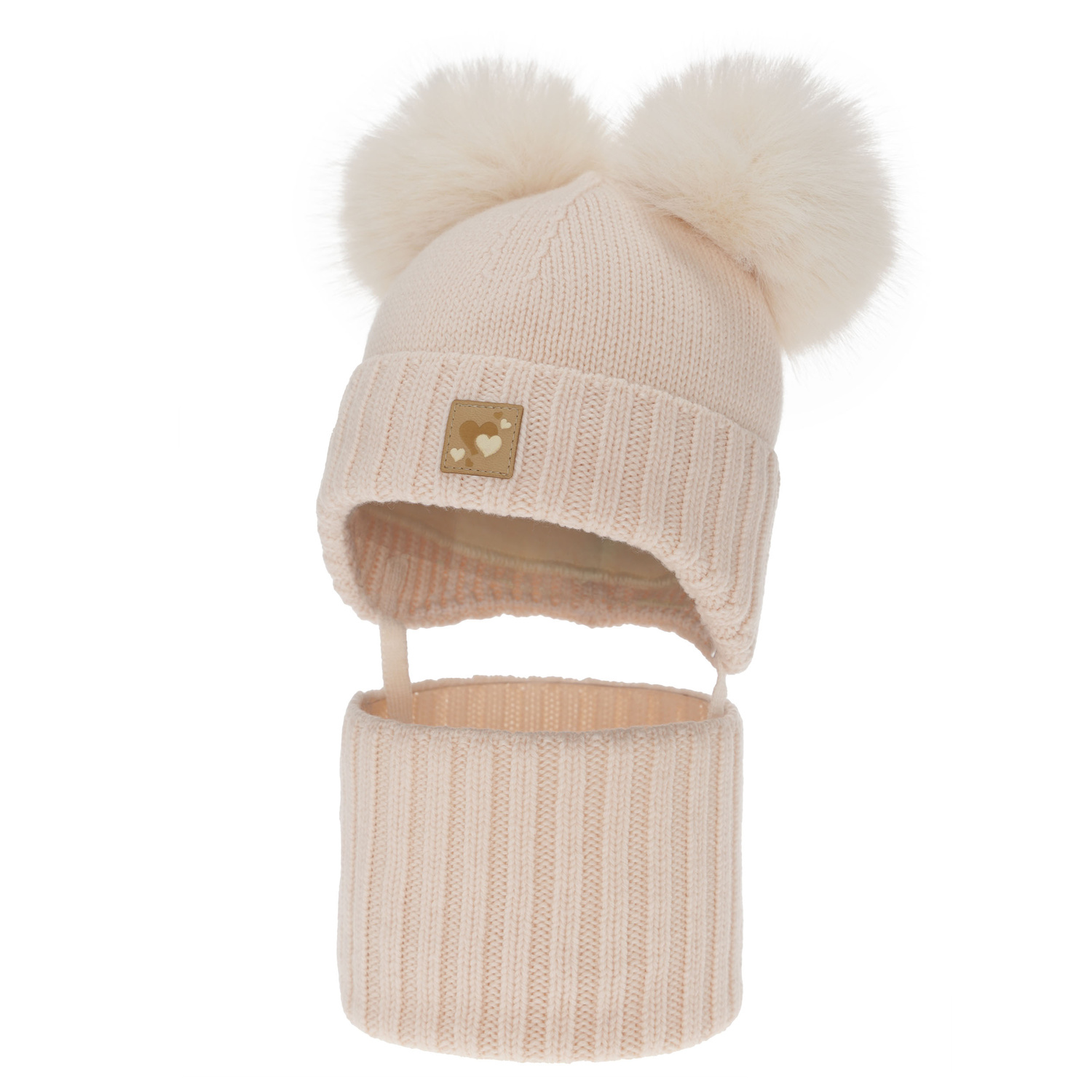 Set căciulă și fular pentru fete, iarnă, roz deschis, 100% lână merino, căptușit cu fleece de lână, Ronia