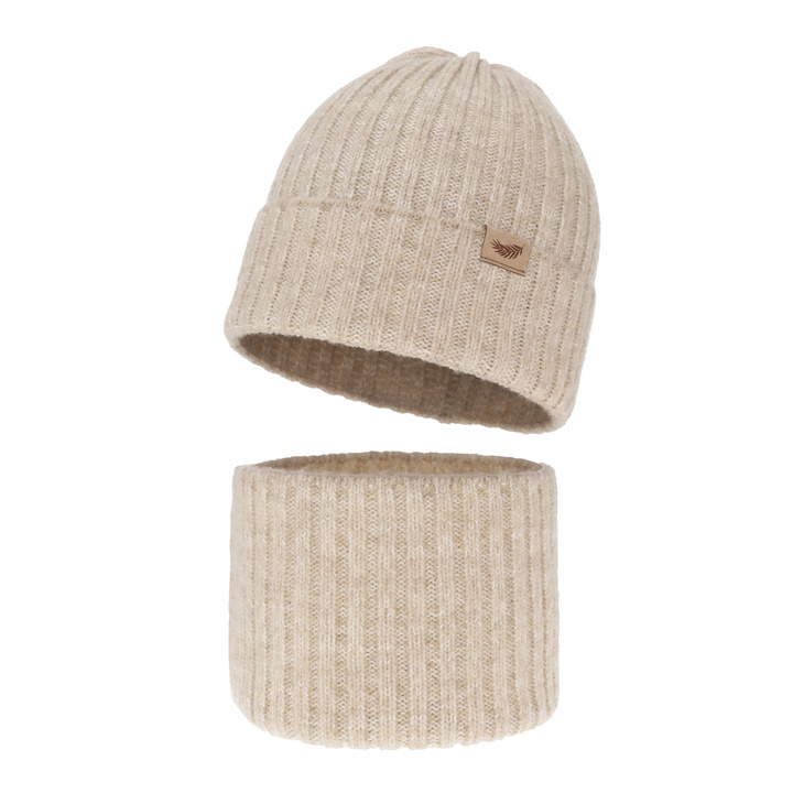 Set de iarnă pentru fete căciulă și fular circular bej din lână merino Karmina