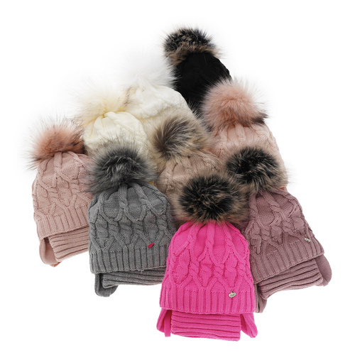 Set de iarnă pentru fete: căciulă și fular circular ecru cu pompon Elena