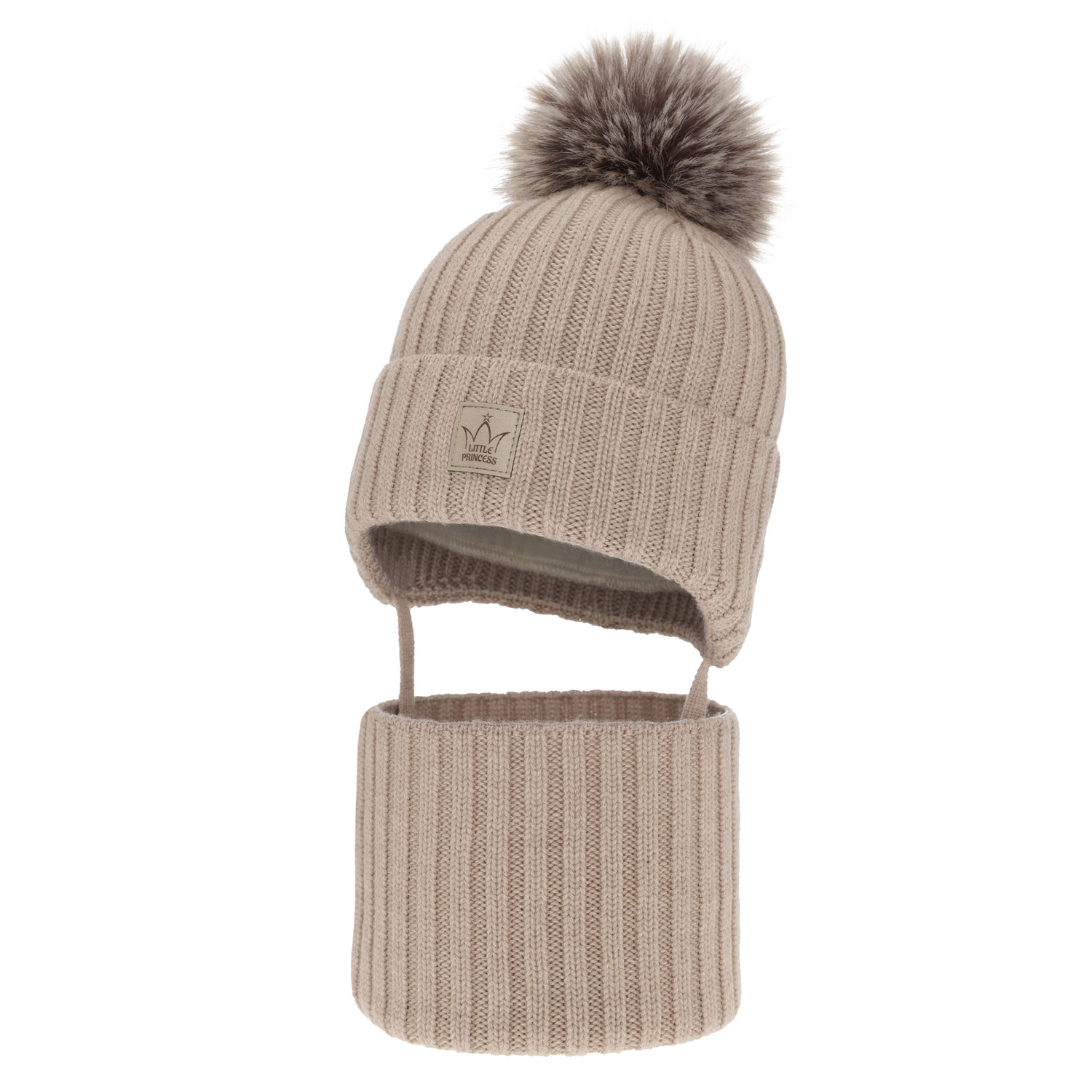 Set de iarnă pentru fete: căciulă și fular circular bej, 100% lână merino extra fină, căptușită cu polar din lână Martina