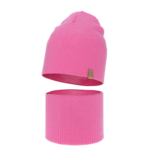 Set de primăvară-toamnă pentru fete: căciulă și fular circular roz 100% lână merino extra fină Ricona