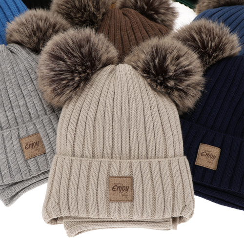 Set de iarnă pentru băieți: Căciulă și fular circular maro cu 2 pompoane Orange