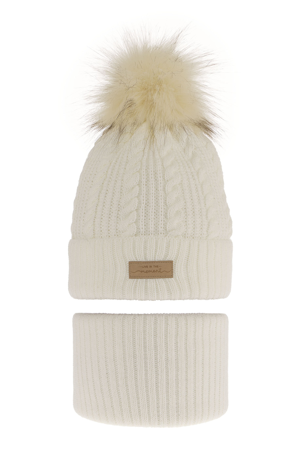 Set de iarnă pentru fete: căciulă și fular circular ecru cu pompon Alika