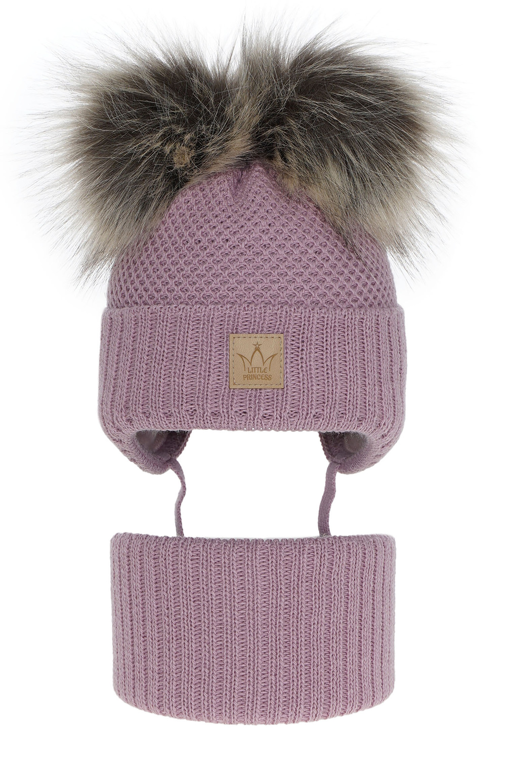 Set de iarnă pentru fete: căciulă și fular circular violet cu 2 pompoane Minsi