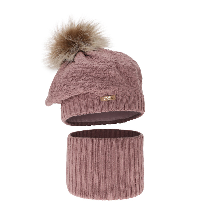 Set de iarnă pentru fete: căciulă și fular circular roz cu pompon Atene