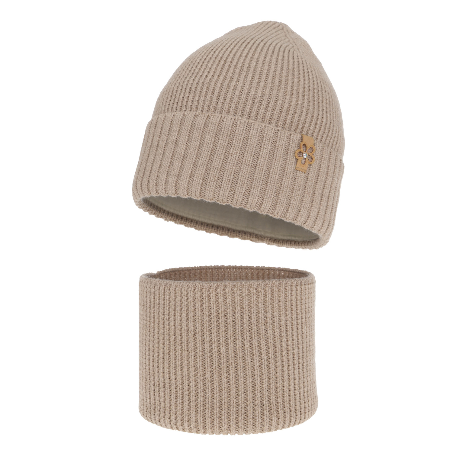 Set de iarnă pentru fete: căciulă și fular circular bej 100% lână merino extra fină Nelita