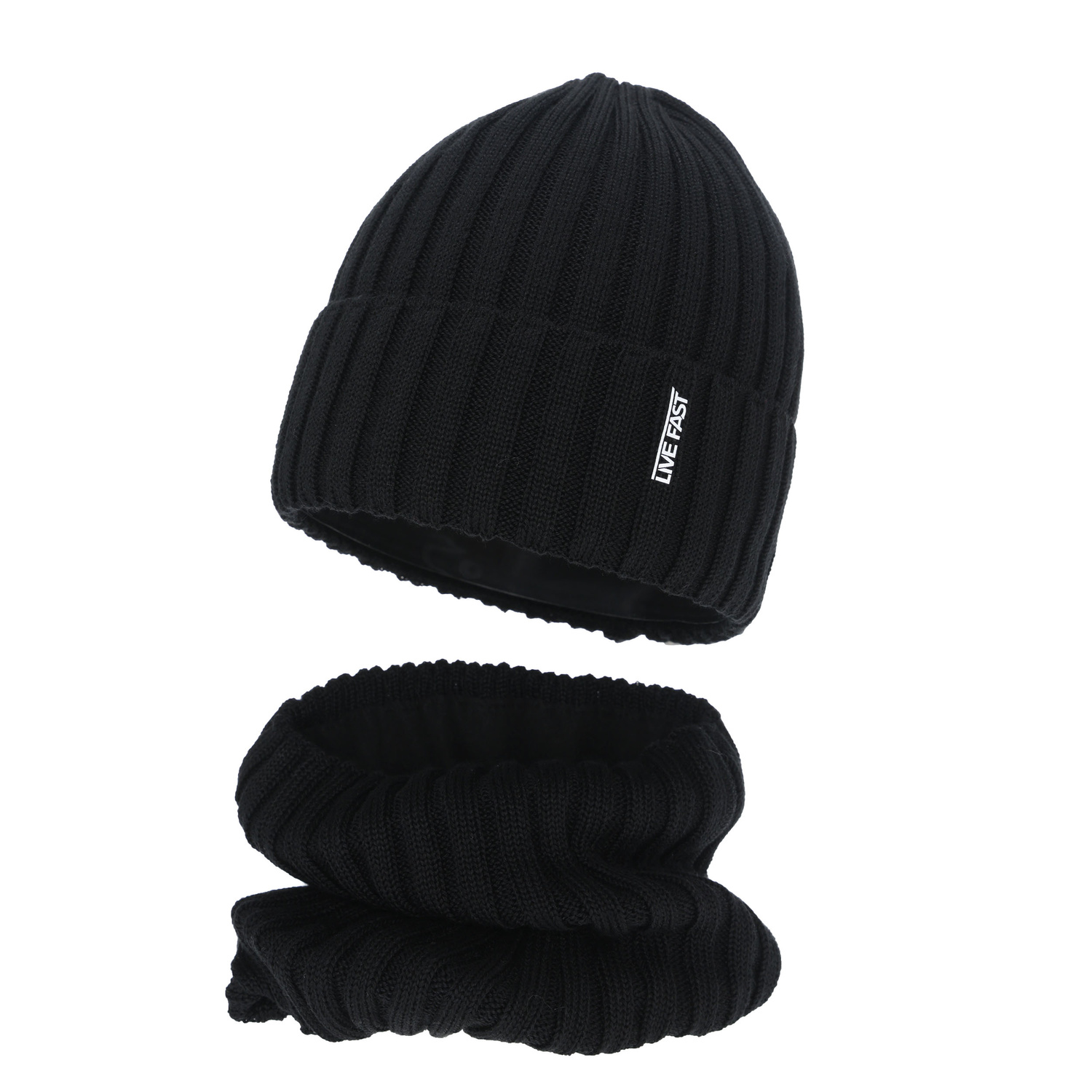 Set de iarnă pentru băieți: căciulă și fular circular, negru, cu lână merino, căptușit cu fleece, Banasko