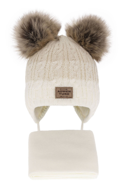 Set de iarnă pentru băieți: Căciulă și fular ecru cu doi pomponi Platon