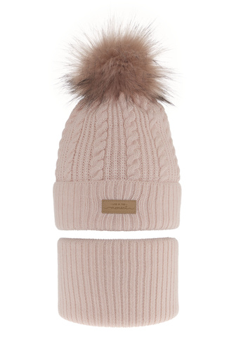 Set de iarnă pentru fete: căciulă și fular circular roz cu pompon Alika