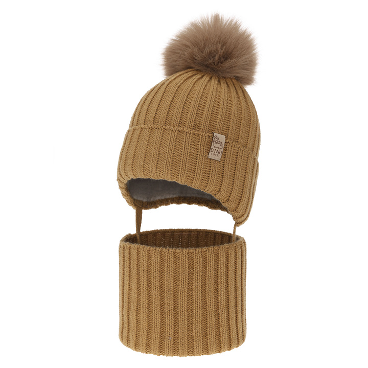 Set de iarnă pentru băieți: Căciulă și fular circular, camel, cu pompon, Bagil