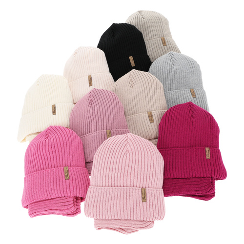 Căciulă și fular circular căptușit cu polar pentru fete set de iarnă, bej, cu lână merino, Odette